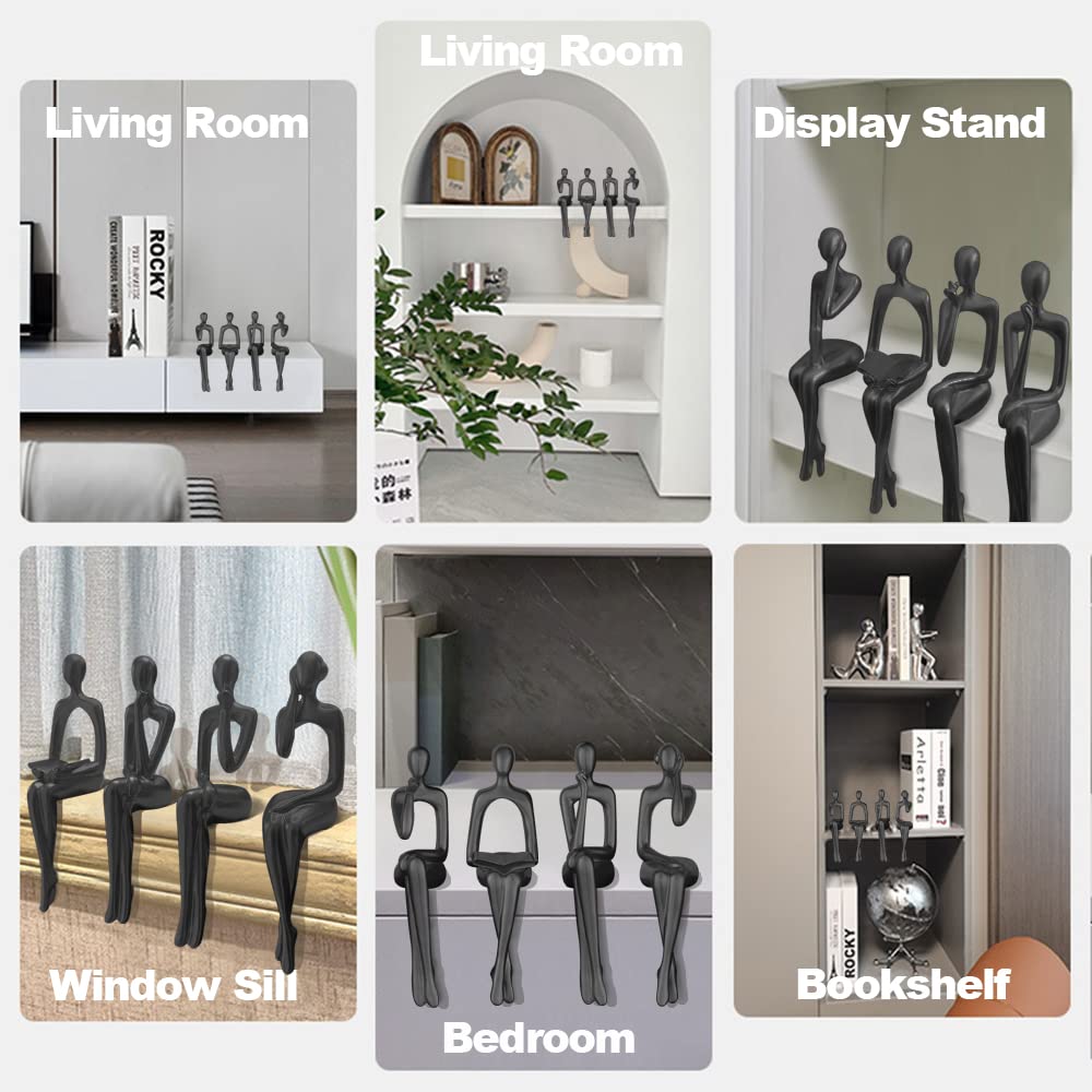 Lot de 4 statues de penseur noires pour décoration de la maison - Abstrait assis - Sculpture de bureau - Décoration de table (noir)