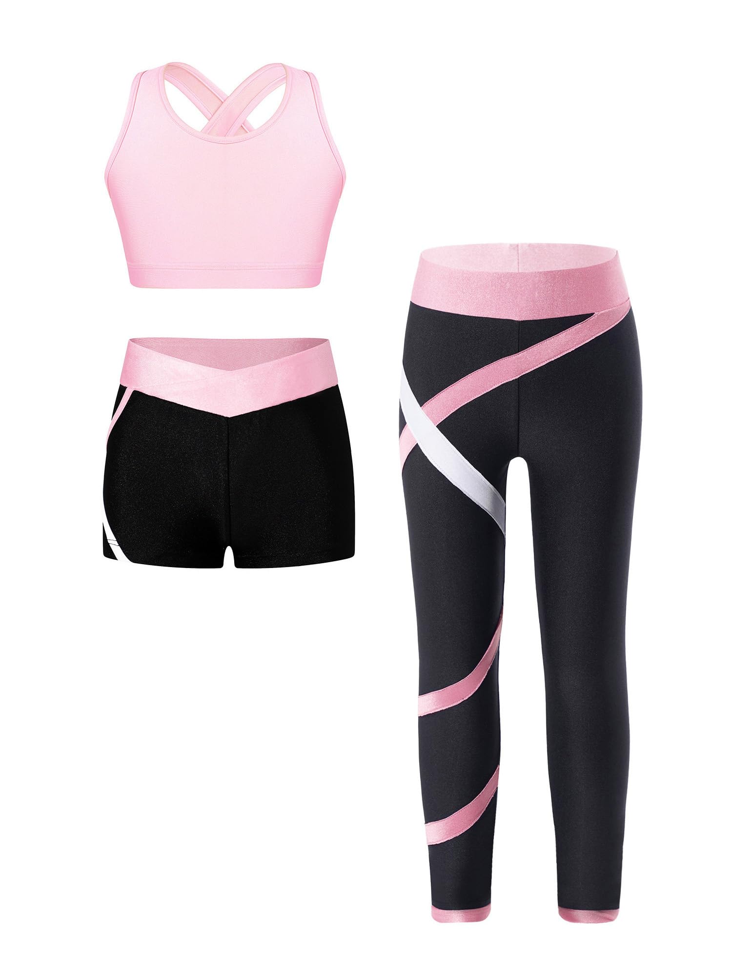 Mädchen Sportset Kinder Weste Kurz Mit Leggings Und Laufshorts Yoga Running Workout Outfit