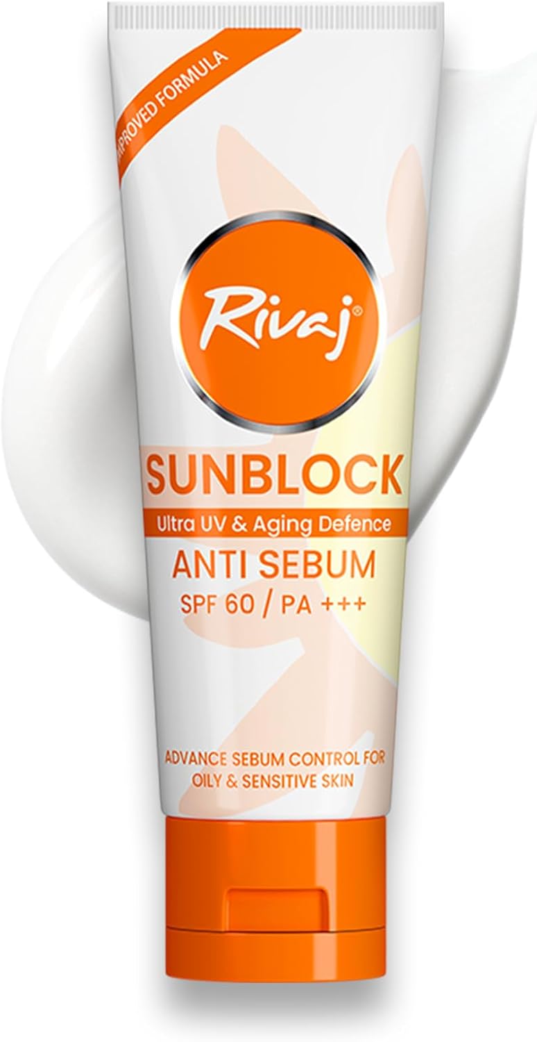 RIVAJ Anti-Sebum Sunblock SPF60 for Oily & Sensitive Skin – Matte Finish, Non-Greasy, Lightweight Daily Sun Protection, Acne Safe Formula, Halal Skincare – 40ml RIVAJ Anti-Sebum Sunblock SPF60 for Oily & Sensitive Skin – Matte Finish, Non-Greasy, Lightweight Daily Sun Protection, Acne Safe Formula, Halal Skincare – 40ml
