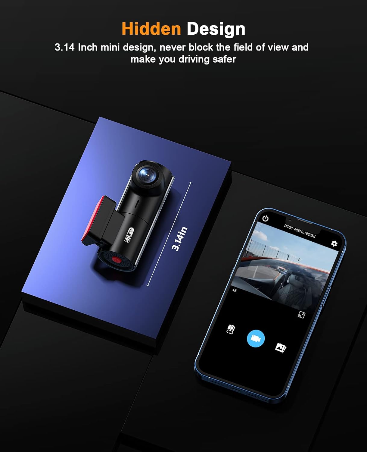 Image showing the compact and hidden design of the dash cam, mounted discreetly behind the rearview mirror, with a smartphone displaying the camera's live view.