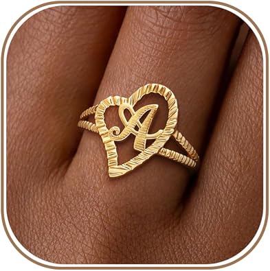 ZHESHY Gold Rings for Women Non Tarnish 14K Gold Plated Initial Rings | Dainty Vintage Heart Letter Statement Thumb Rings Size 6-10 Personalized Jewelry Gifts