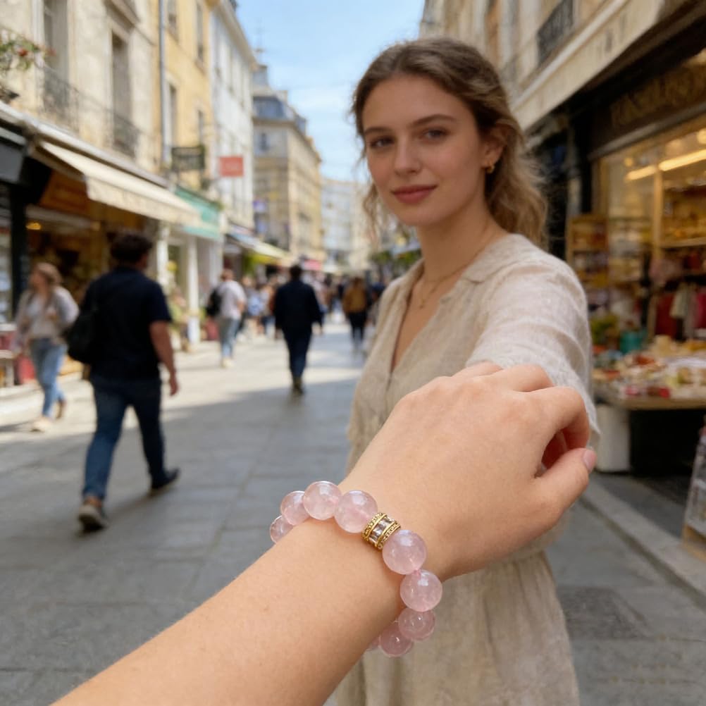 Bracciale in Cristallo di Quarzo Rosa da 14 mm con Gioielli in Pietra Rosa Naturale in Lega con Perline per Amor Proprio ed energia positiva, Accessorio Moda Elastico Elasticizzato