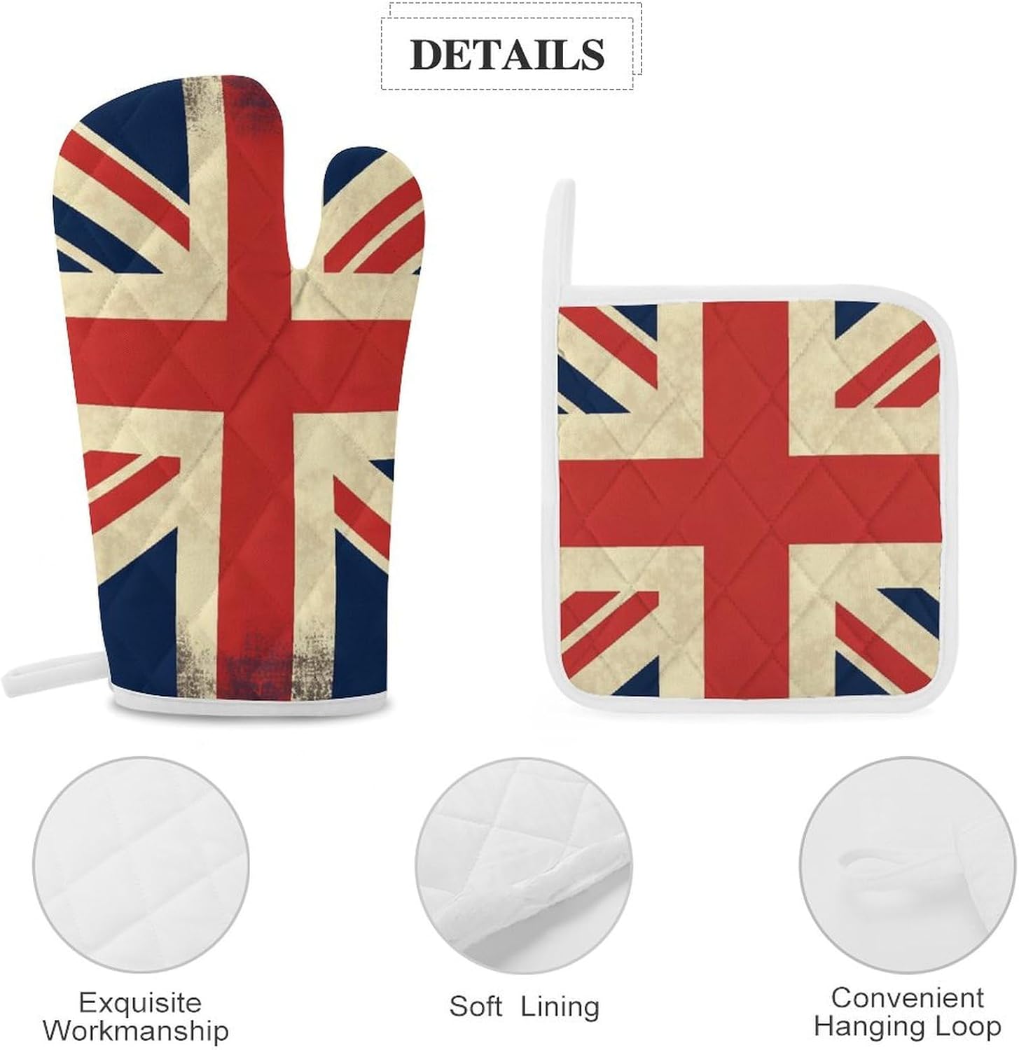 4-Piece Oven Mitts and Pot Holders Set UK Flag Printed Heat-Resistant Polyester Kitchen Gloves and Potholders Comfortable & Durable for Cooking Baking and Grilling
