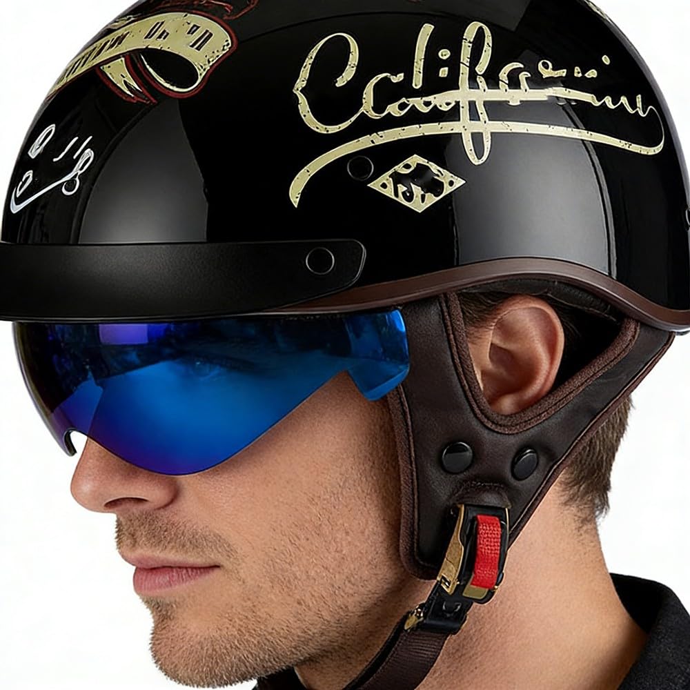 Retro Halbhelm Motorradhelm, DOT/ECE Zertifizierung Motorrad Halbschale Mofa Helm Mit Visier, Jethelm Halbschalenhelm Motorcycl Chopper Scooter Helm Sturzhelm für Herren Damen
