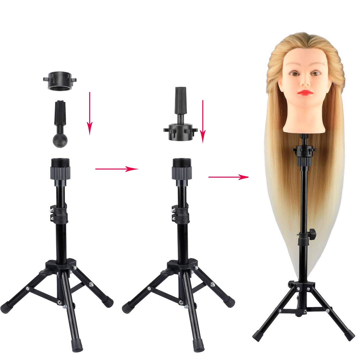 DANSEE Mini Wig Tripod Foldable Stand Adjustable Mannequin Head Metal Tripod Canvas Block Head Stand Holder Wig Manikin Head Table Display for Cosmetology Salons Hairdressing Training Black(36-55cm)