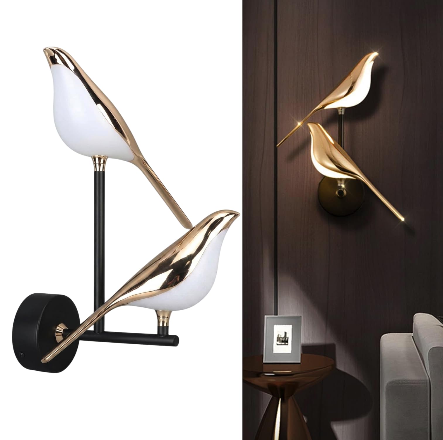 Groeien 12W | 3 Color Modern LED Double Golden Bird Wall Sconce Gold Wall Light for Bedroom Living Room Corridor Lighting Fixtures Wall Mount(Warm+Natural+Coolwhite)(Double Golden Bird, 1, Count)