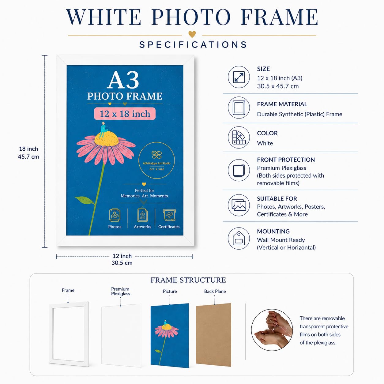 AbhiKalpya Art Studio A3 Size Photo Frame For Document, Photo, Quote,Certificate Wall Hanging Picture Frame For Home and Office Wall Decoration,Size Medium 12x18 inch, White (4) 3