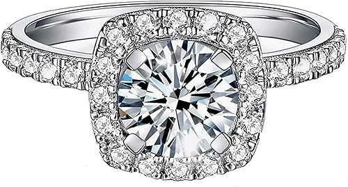Jansme Anillos de compromiso de moissanita con halo de corte cojín de 1.5 quilates para mujer, plata de ley 925 de media eternidad, fijada