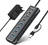 Powered USB 3.13.2 Hub RSHTECH 7-Port USB C Hub with 10Gbps USB-A and 2 USB-C Data Ports 4 USB 3 Port, Aluminum USB Splitter with 12V Power Supply and 3.3ft USB Cable RSH-A107C, Black
