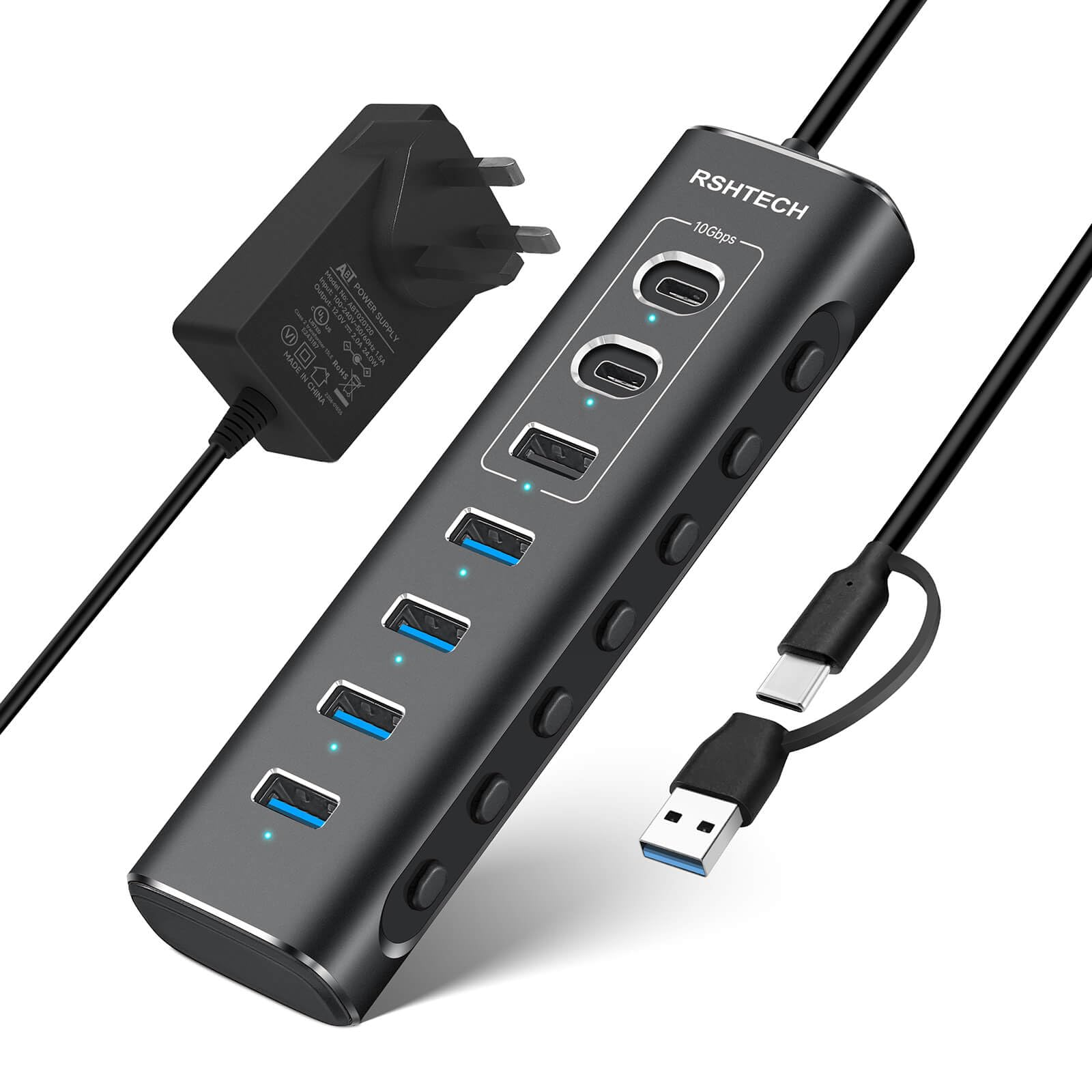 RSHTECH Power Supply USB 3.1/3.2 Hub, 7-Port USB C Hub with 10Gbps USB-A and 2 USB-C Data Ports + 4 USB-A 3.0 Port, Aluminium USB Splitter with 12V Power Supply and 1m USB Cable (RSH-A107C)-image-19