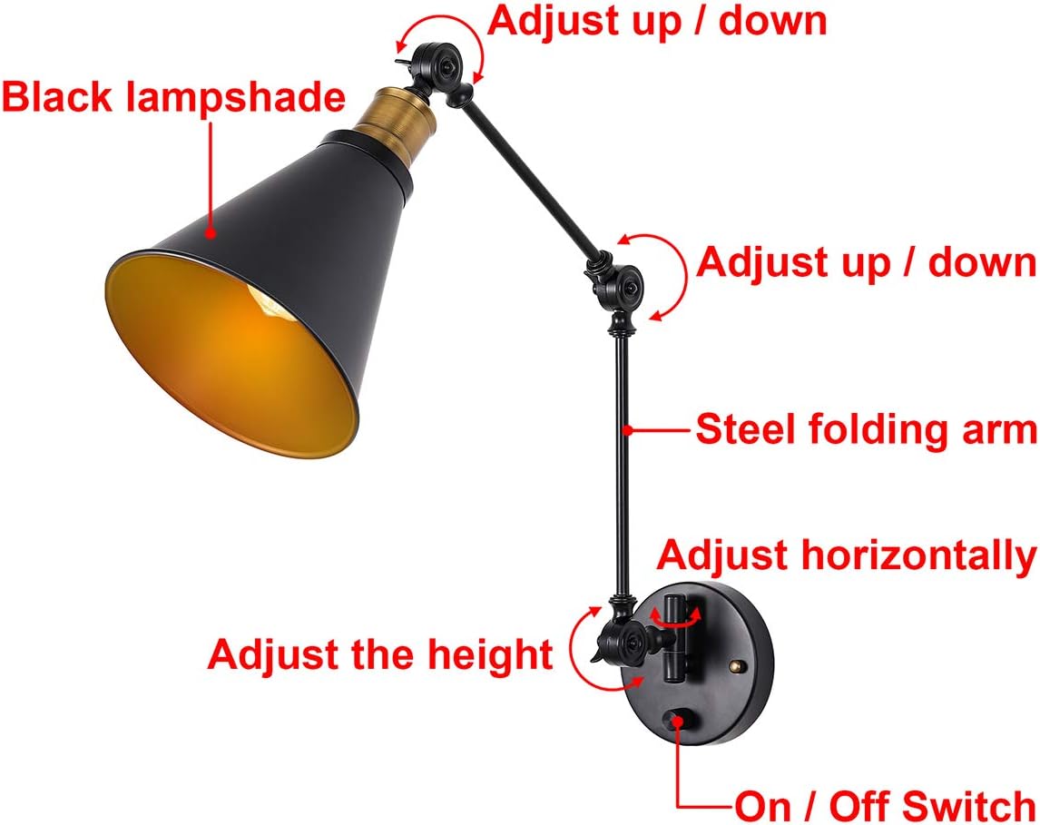 80% Off Discount Industrial Wall Sconce Adjustable Vintage, Plug-in or Hardwire On/Off Rotary Switch Black Hardwire Simplicity Bronze Finish Arm Swing Wall Lamp for Home Decor Headboard Hallway (2-Pack)