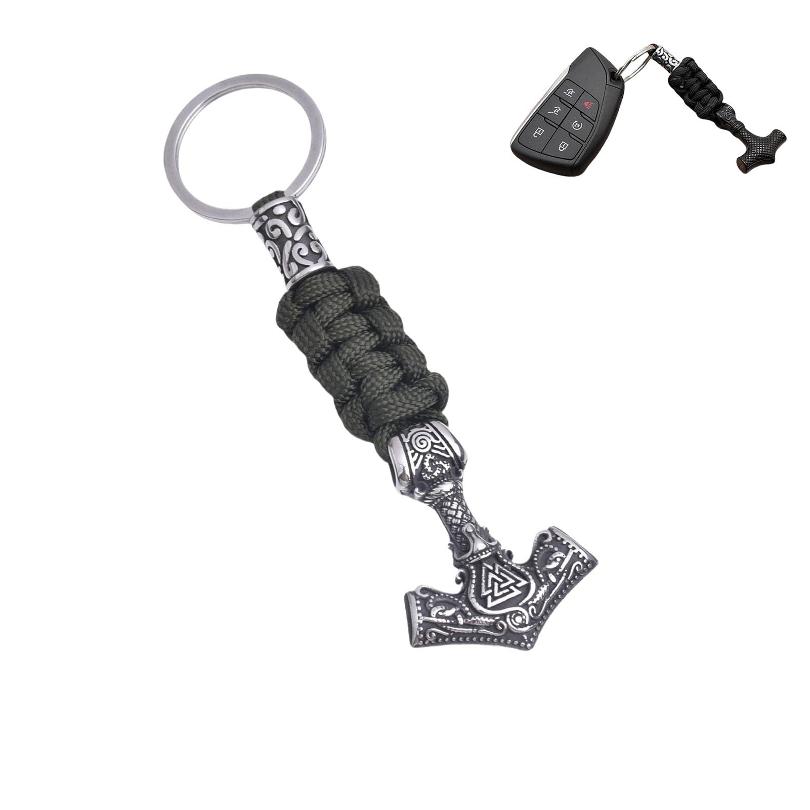 LDZDGD Viking Thor’s Hammer Keychain for Men, Mjölnir Pendant with Paracord, Stainless Steel Norse Car Key Accessory(Style 1 Green)