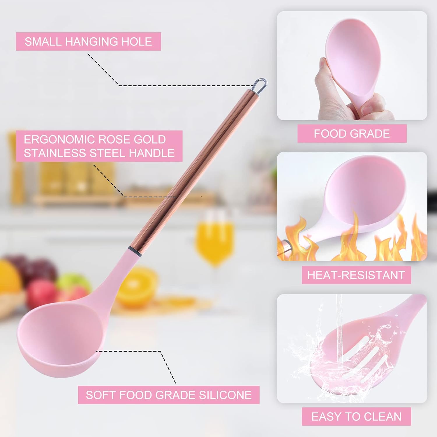 Arquiel Kitchen Utensil Set with Holder, 22 Pcs Silicone Cooking Utensils Set for Nonstick Cookware, Heat Resistance Spatula Set, Stainless Steel Handle Kitchen Gadgets Utensils Set(Pink)
