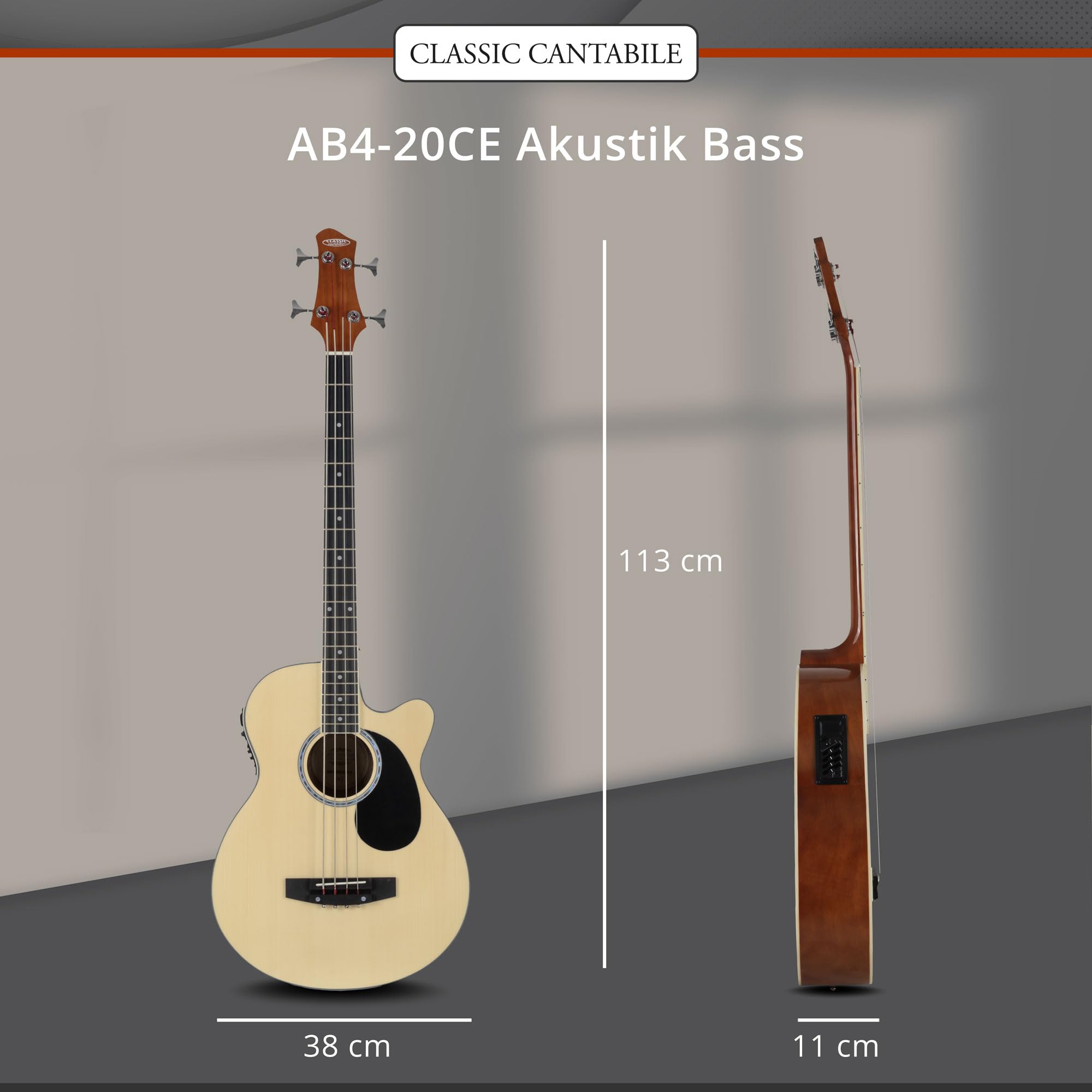 Classic Cantabile Short Scale Akustik Bass - 4 Saiten - Natural Gloss Finish - Piezo Tonabnehmer & Cutaway - Decke aus Fichte - Boden & Zarge aus Okoume - Ideal für Einsteiger & Unplugged Sessions