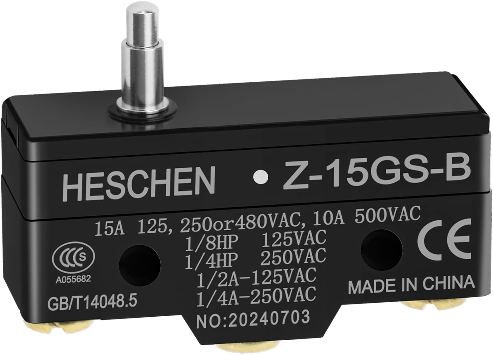 Heschen Micro Switch, Z-15GS-B, Slim Spring Plunger, 3 Screw Terminal, 15A Rated Current