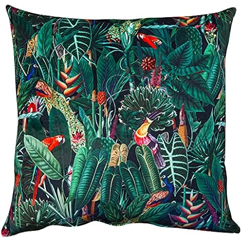Lima Jungle Birds Velvet Extra-Large Cushion Cover. Tropical Toucans, Exotic Peacocks & Jeweled Green Rainforest. Backed With a Plain Black Soft Velvet. 23x23" XL Cover Only Cover