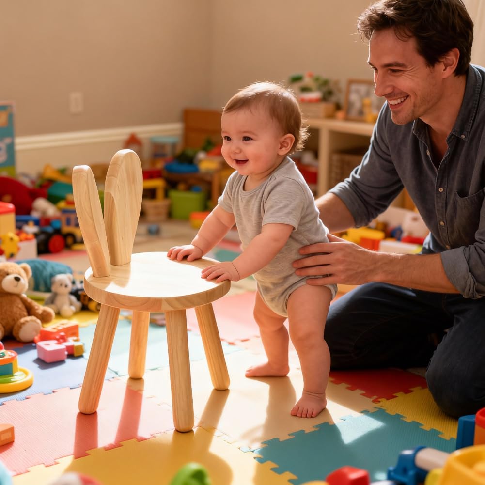 CEWROM Taburete de madera maciza, forma de orejas de conejo, silla infantil con respaldo de orejas de conejo, muebles redondos de madera para niños, para comer, leer y jugar