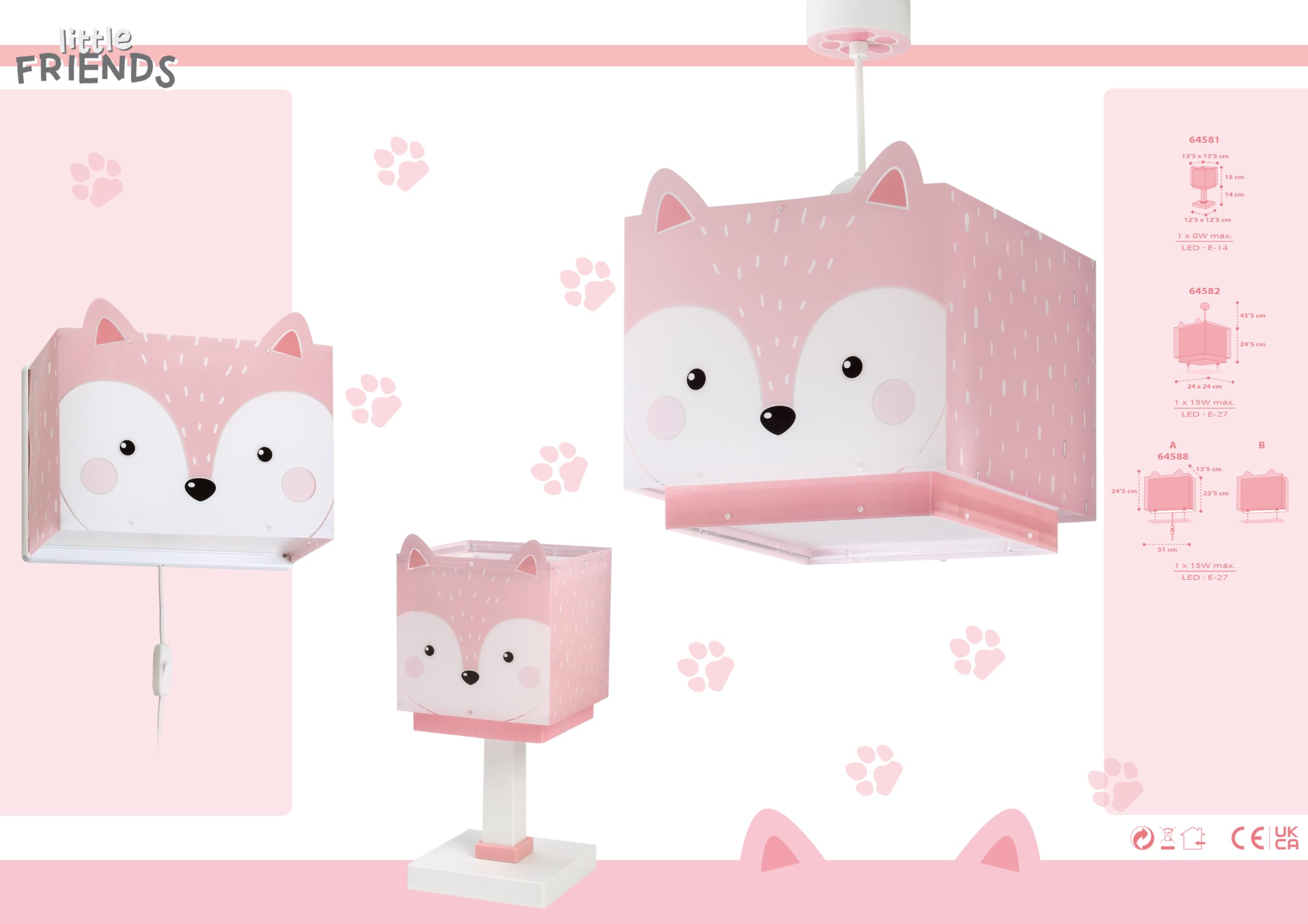 Dalber Lámpara Infantil de Mesilla Little Fox Zorro Rosa 64581N G4 | Lámpara infantil de mesa o mesita; G4 4W LED - Bombilla incluida; Luz Quitamiedos