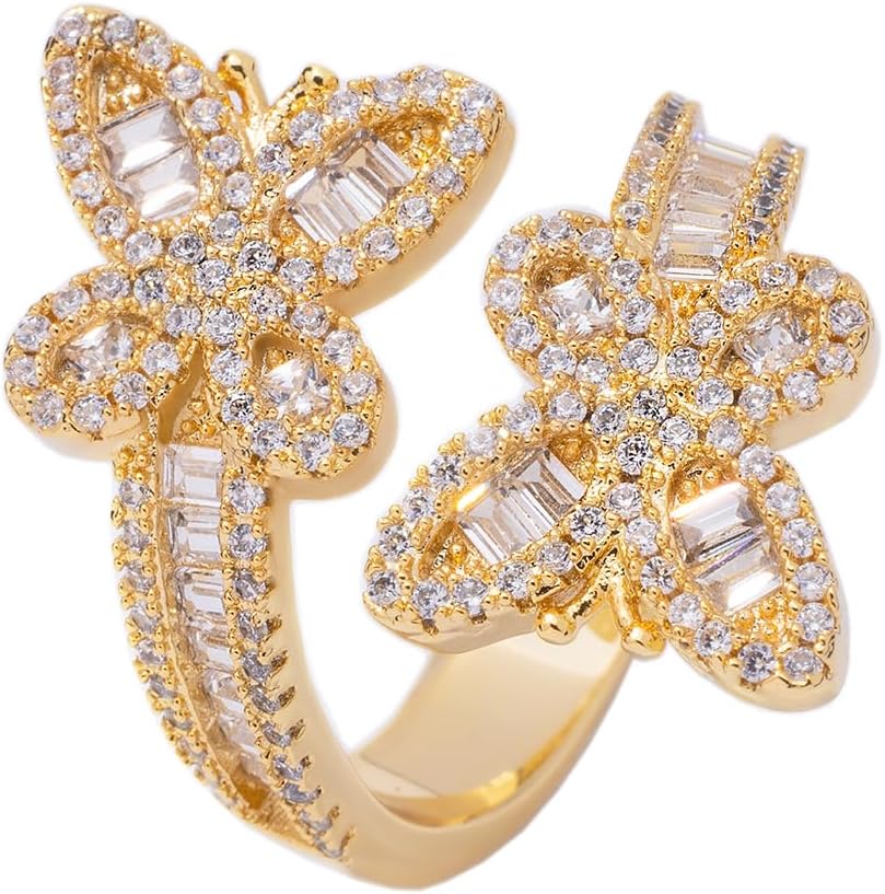 Iced Out Jewelry Diamond Interlocking Butterfly Ring, Hip Hop Bling 5A Cz Stones Shiny Baguette Engagement Gold Luxury Party Pinky Ring For Women