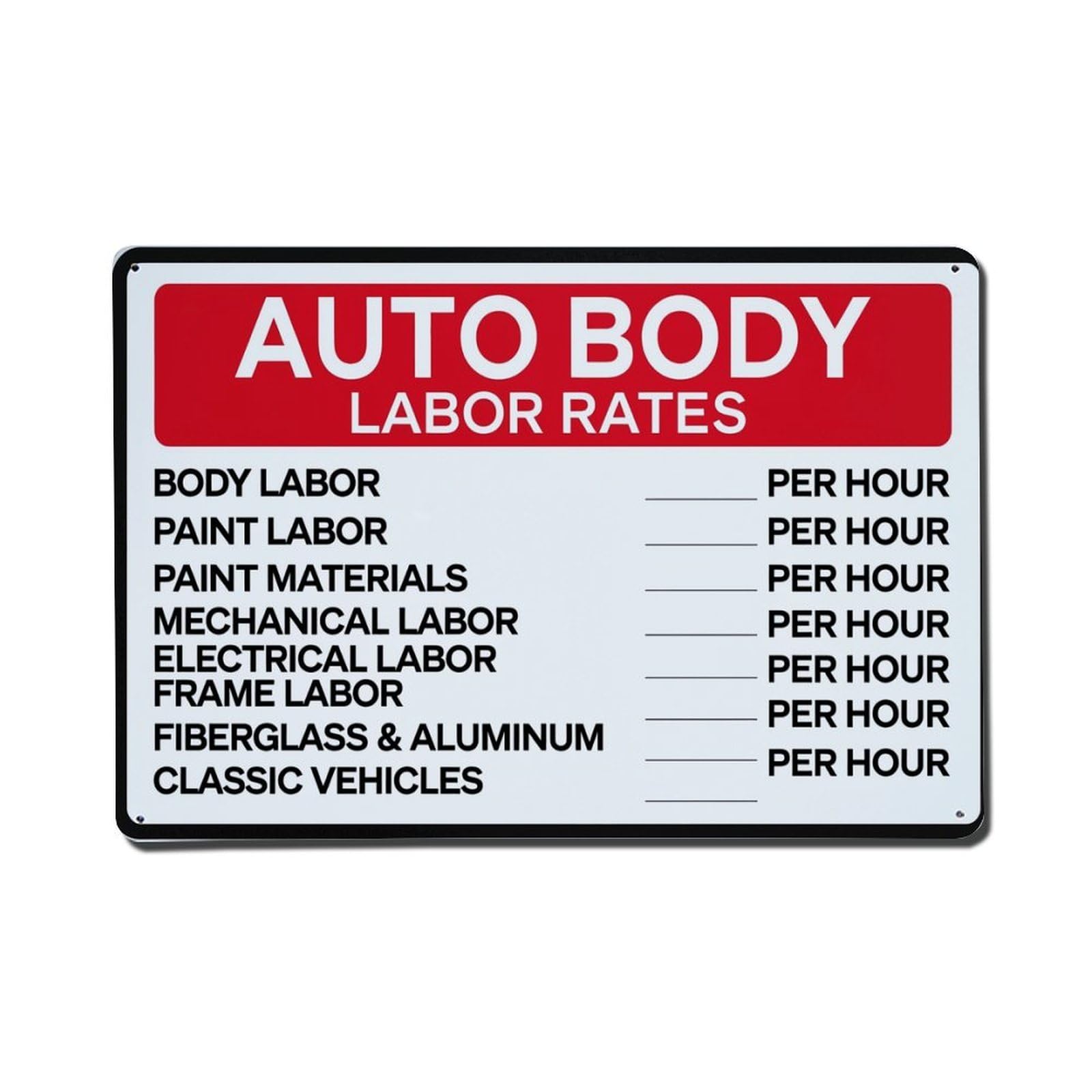 Auto Body Labor Rates Sign Metal Tin Sign Plaque