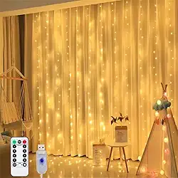 Cortina de Luz LED 3x3m com 300 LEDs Pisca Pisca Branco Quente, USB, Controle Remoto, 8 Modos, Resistente a água IP68, Natal, Festa, Casamento, Quarto Decoração Encantadora com Fio de Fada