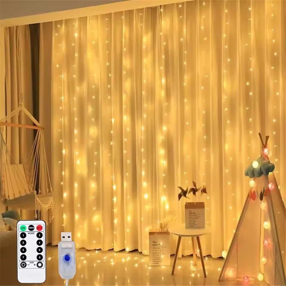 Cortina de Luz LED 3x3m com 300 LEDs Pisca Pisca Branco Quente, USB, Controle Remoto, 8 Modos, Resistente a água IP68, Natal, Festa, Casamento, Quarto Decoração Encantadora com Fio de Fada