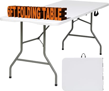 6ft Folding Table Heavy Duty Portable Folding Table with Carrying Handle, Plastic Foldable Table for Party, Dining, BBQ, Camping, Indoor/Outdoor White, 6FT