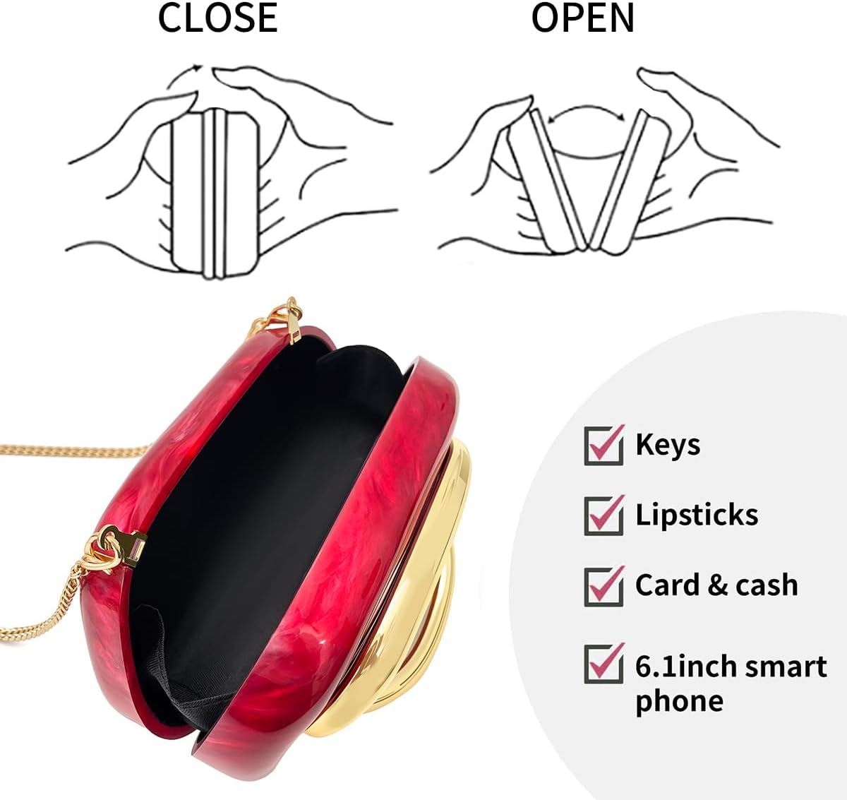 Women Acrylic Clutch Purse Metal Handle Evening Bag Trendy Box Shoulder Crossbody Bag Handbag for Wedding Party Causal