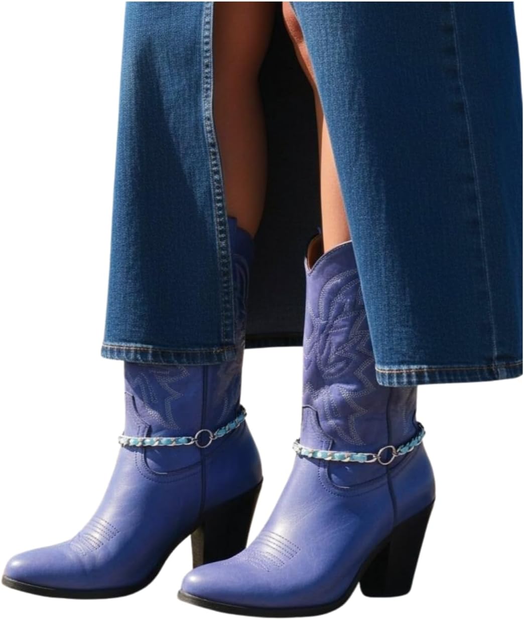 2PCS Women Western Fashion Jewelry Boot Silver Chain Bracelet Shoe Anklet Ring Charm Turquoise Blue Band Handmade In USA BC269