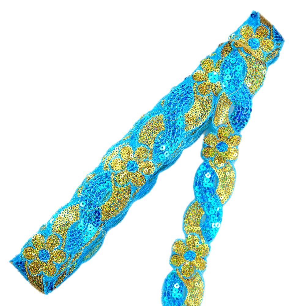 Nastro In Pizzo Con Paillettes Blu E Oro – 4,6 Metri – Larghezza 3,8 Cm – Per Cucito E Decorazioni - 3