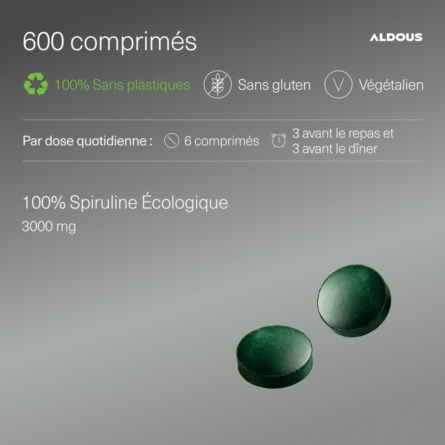 Spiruline Bio Comprimés - 600 Comprimés - Dose 3000mg - Detox - Riche en Phycocyanine & en Protéines - Complement Alimentaire Fatigue & Immunité Adulte - Minéraux & Vitamines - Sans Plastique