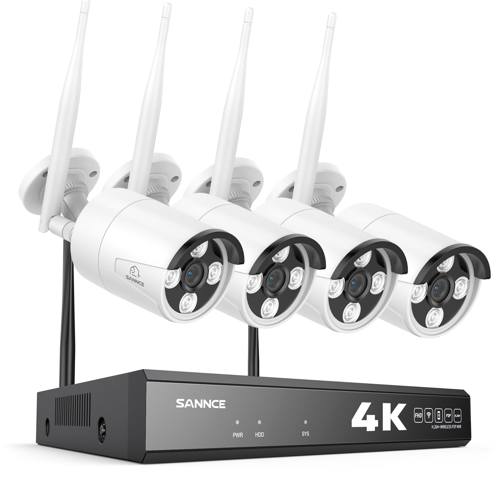 SANNCE Système de Caméras de Surveillance sans Fil 16CH CCTV, 4 Caméras 4K Extérieures pour la Maison avec Enregistreur NVR 8MP 16 Canaux, sans Disque Dur