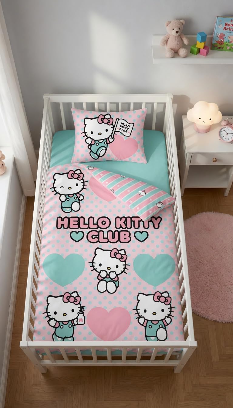 Hello Kitty Club Housse de Couette Bébé 100x135 + Taie 40x60 Rose Bleu | Parure de lit bébé réversible | Coton naturel doux respirant Oeko-Tex | Sanrio | Fille 0-3 ans | Lit à barreaux