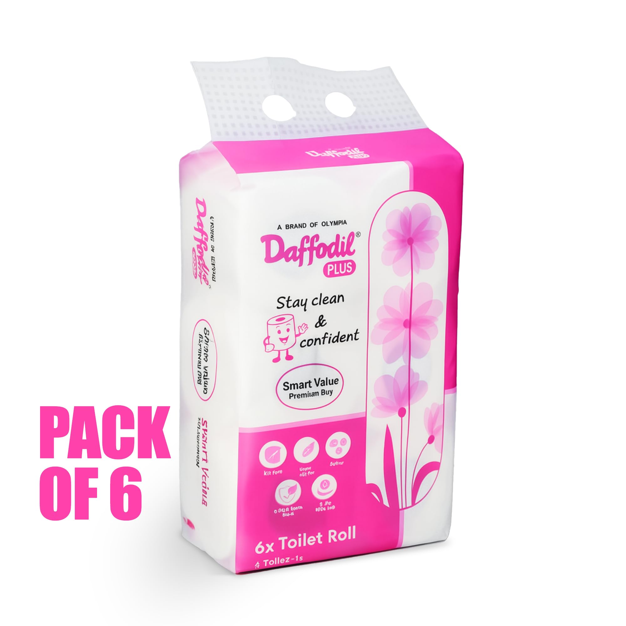 DAFFODIL 2Ply Toilet Paper Tissue – 6 Packs (220 Pulls/Roll, 1320 Pulls Total, 2640 Sheets) UltraSoft Toilet Paper Roll, Strong and Long Lasting for Home or Office Use, - Image 2 thumbnail