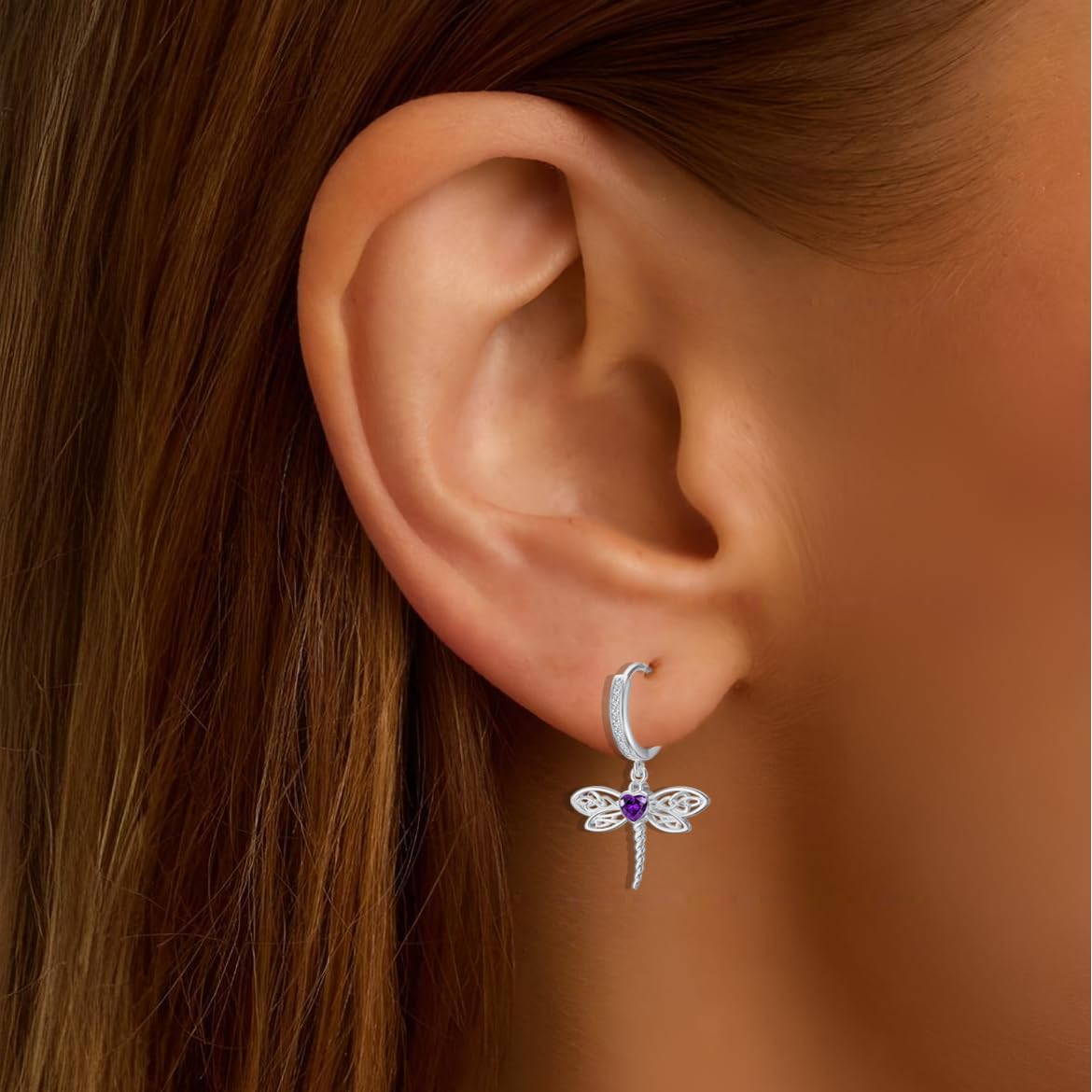 Dragonfly 925 Sterling Silver Heart Celtic Huggie Hoop Dangle Earrings crystal Birthstone Jewelry for women Mother’s Day Birthday Gift for Sister Mom wife Dragonfly Lovers