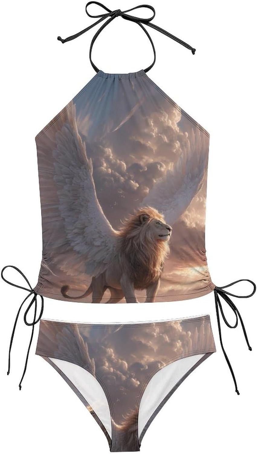 Lion with Wings Women Tankini 2 Piece Swim Bathing Suits | tummy control,high neck top with bottom,swimwear,swimsuits