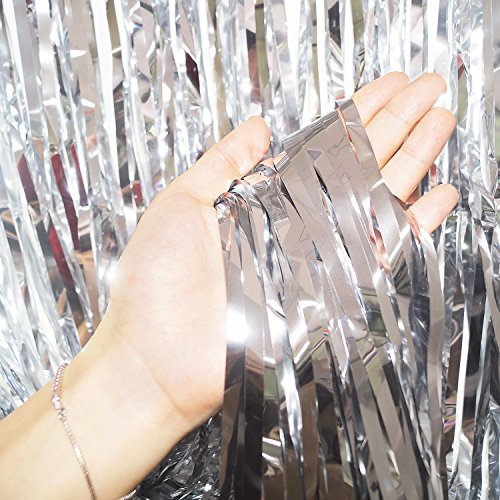 2 Pack 3.3 ft x 9.8 ft Foil Curtains Metallic Fringe Curtains Shimmer Curtain Photo Backdrop for Halloween Christmas Birthday Party Wedding Decor (Silver) - Thumbnail 2