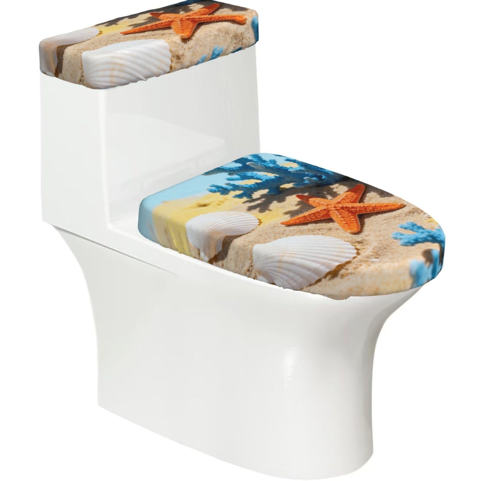 Cntdbu Black Starfish Coral Stretchy Toilet Lid And Tank Cover Set-Soft Elastic Bathroom Decor For U Shape Oval