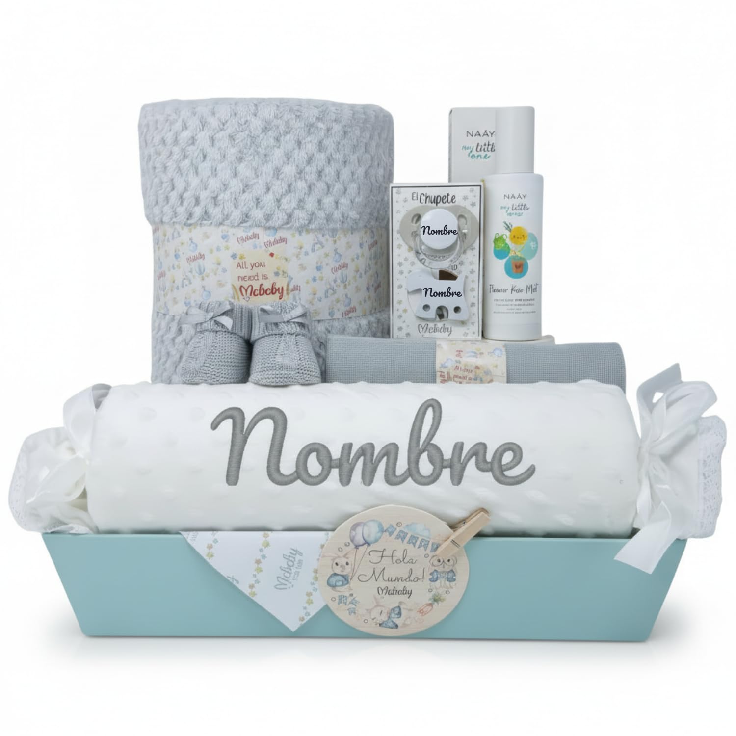 Canastilla Bebé Recién Nacido Burbujas con Manta | Manta muselina 80x100, rulo bordado, chupete y pinza con nombre, muselina 75x75, patucos y agua perfumada