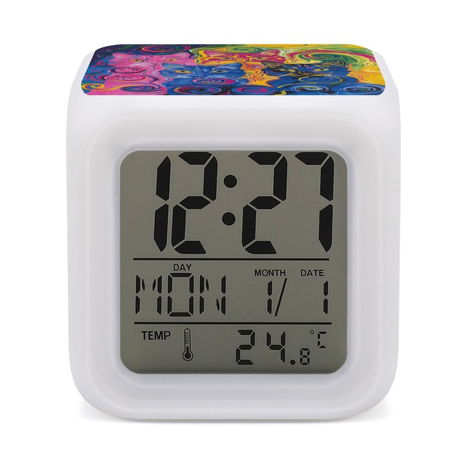 JTREHY 7 Color Changing LED Digital Alarm Clock, Patterns Printed Wake-up Clock with Temperature Display Home Decoration Alarm Clock for Bedroom Office