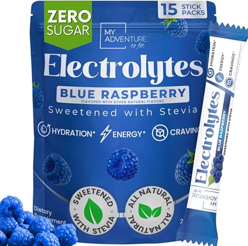 Polvo de electrolitos sin azúcar - Sabor a frambuesa azul - Hidratación refrescante - Energía sin cafeína - Todos los ingredientes naturales -