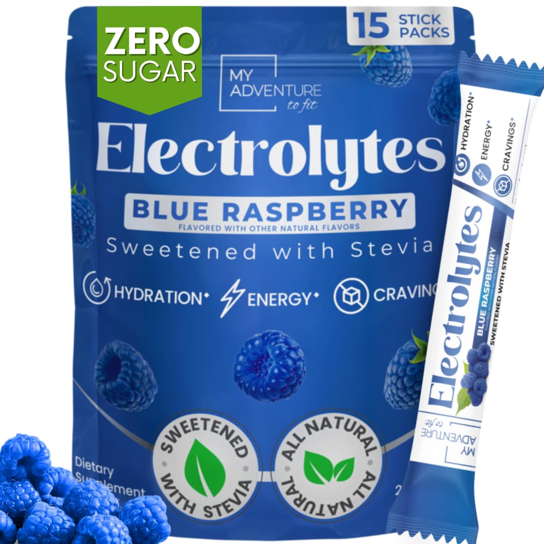 Zero Sugar - Blue Raspberry Electrolytes Powder - Refreshing Hydration - Caffeine Free Energy - All Natural Ingredients - Vegan, Keto and Paleo - Sugar Free Electrolyte Powder Drink Mix - 15 count