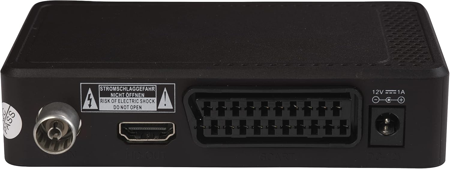 Achterkant view of the Denver DTB-145 Set-Top Box showing all connection ports.