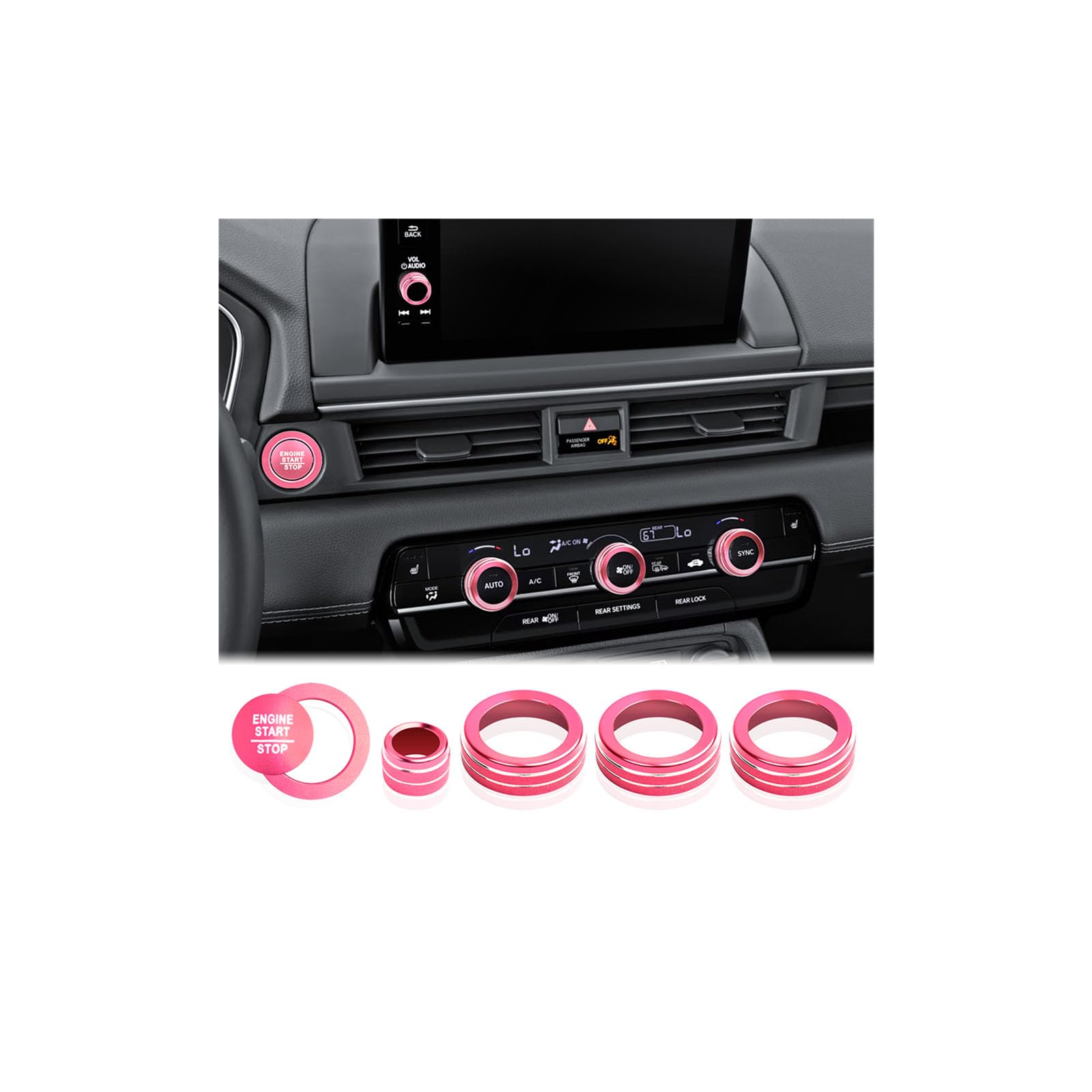 for Honda Pilot Accessories 2023-2025, 6pcs Aluminum Alloy Trim Knob Covers Kit - Push Start, Air Conditioning &amp; Volume Tune (Pink)