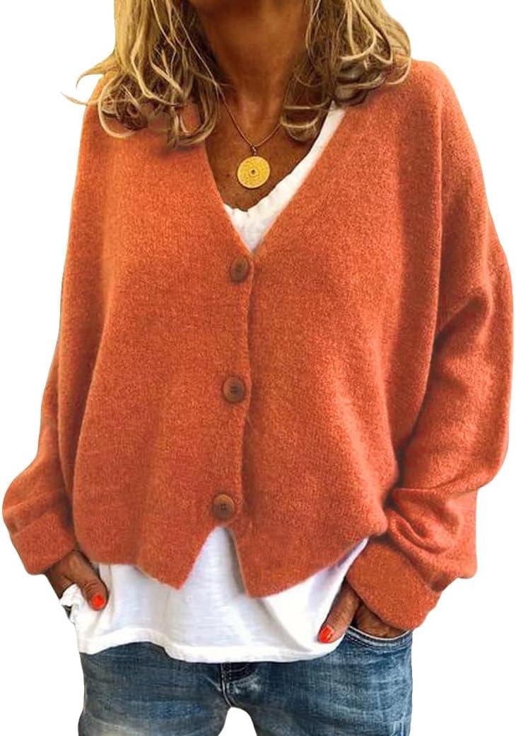 ZOCANIA Womens Cardigan Sweaters Button Down Knit Sweater for Women V Neck Long Sleeve Solid Color Loose Fit Cardigans