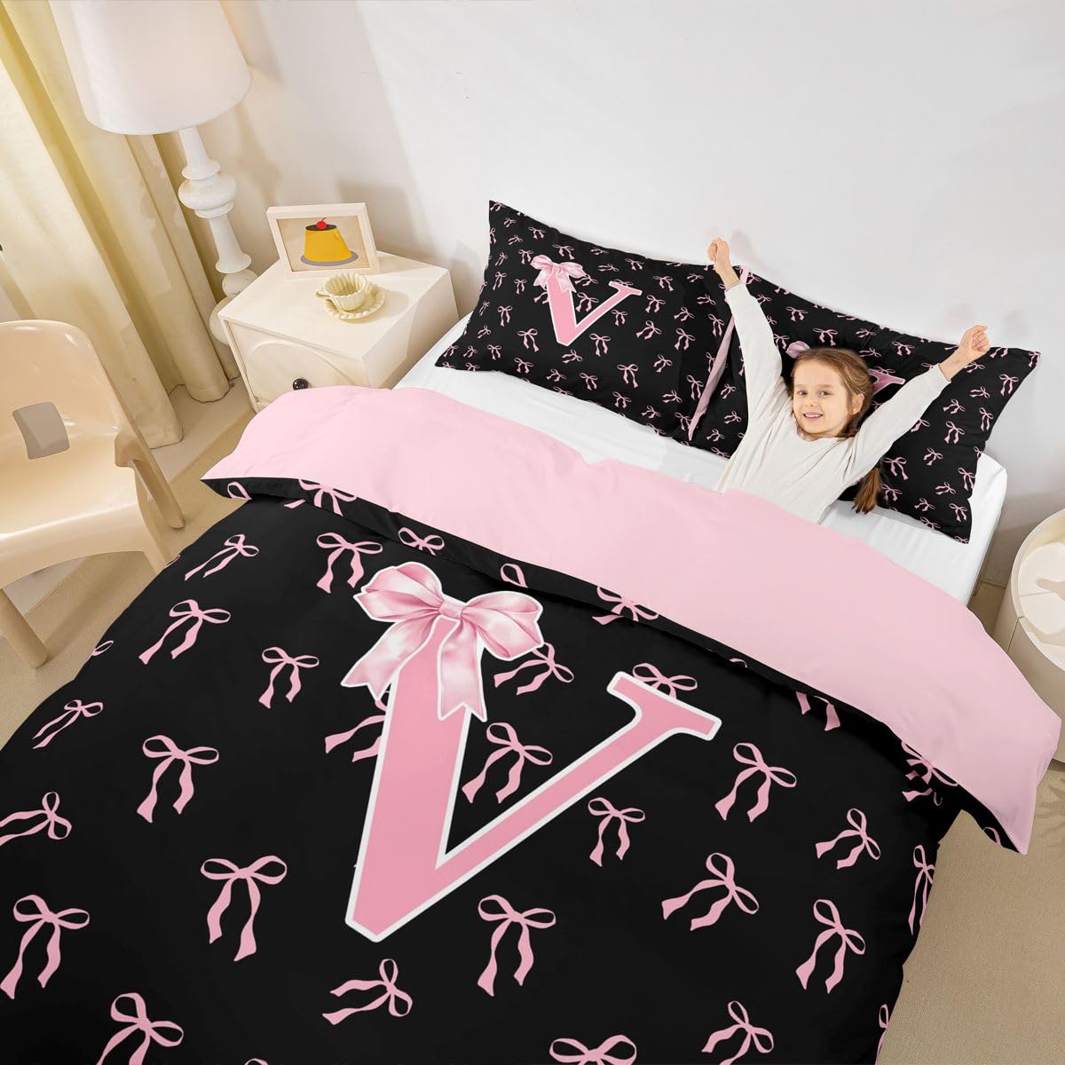 Homewish Dzieci urocza księżniczka król poszewka na kołdrę różowa wstążka kokarda zestaw pościeli akwarela kokarda monogram V poszewka na kołdrę czarna estetyczna motyl węzeł zestawy łóżek