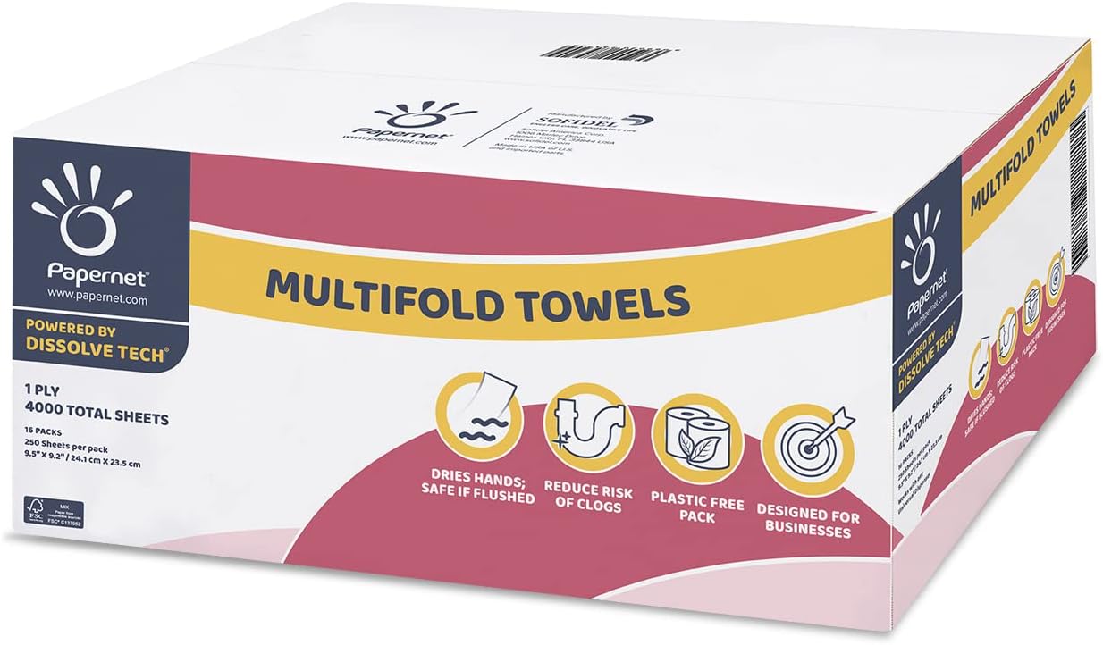 Papernet Multifold 4,000 Paper Towels Powered by Dissolve Tech 416411|Designed for Business|Dissolves Easily & FSC Certified|White|Compatible with Universal Dispenser|1-ply 4,000 sheets each 9.5”x9.2”