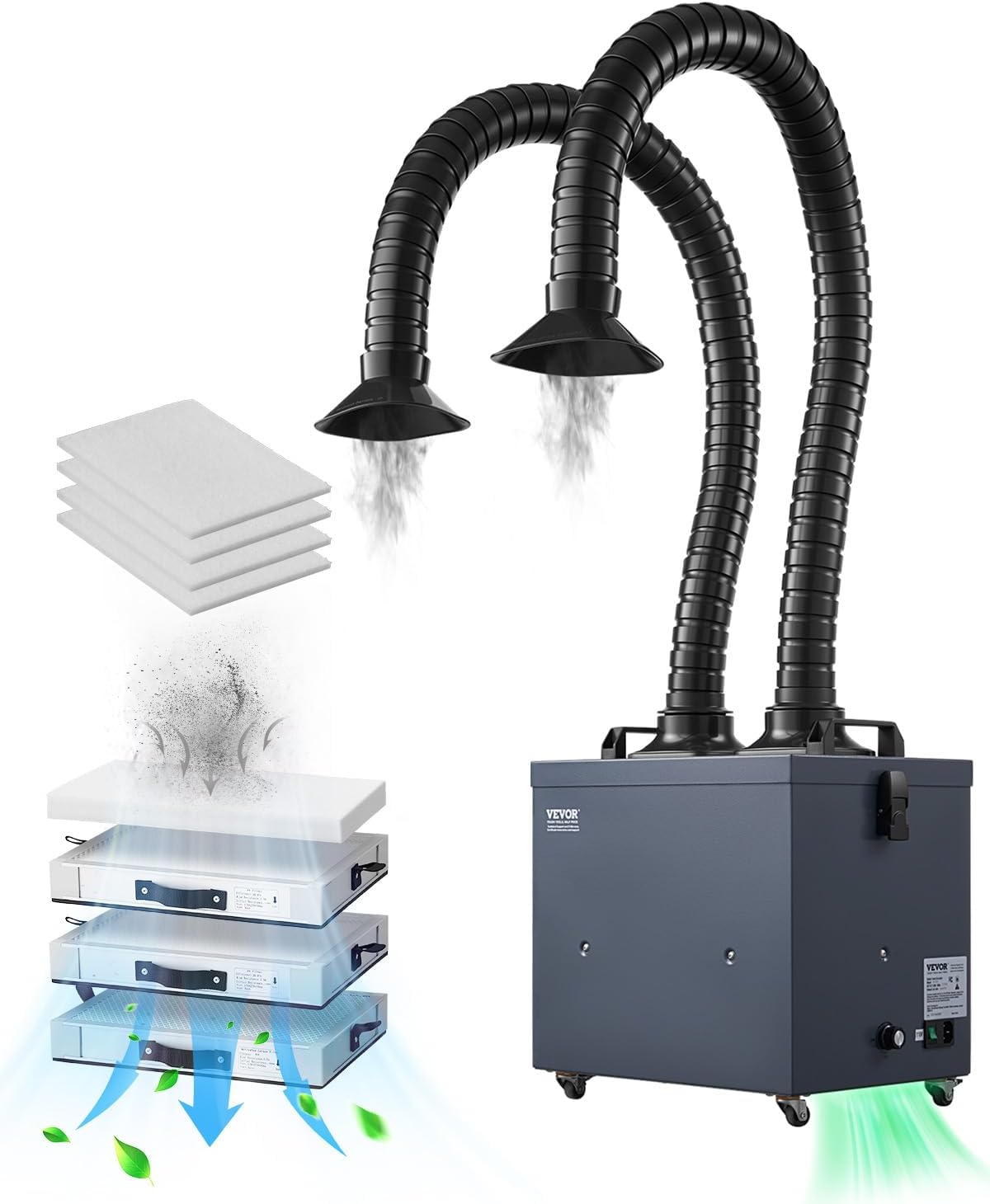 VEVOR Soldering Fume Extractor with Dual Hoses, 275W Brushless Solder Smoke Absorber with 4-Stage Filters & 10 Speeds, 380m³/h Strong Suction Smoke Purifier for Soldering, Laser Engraving, DIY Welding