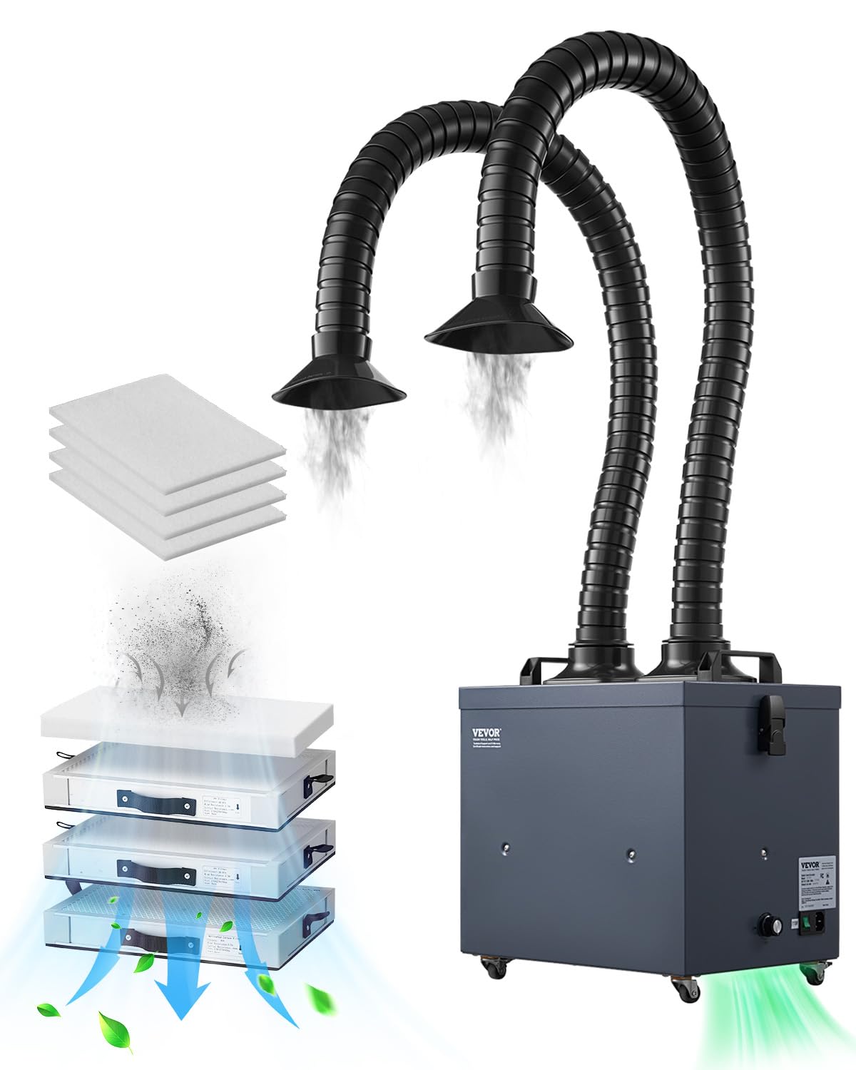 VEVOR Extractor de Humos de Soldadura 275 W con Mangueras Dobles Absorbedor de Humo de Soldadura 380 m³/h sin Escobillas con Filtros de 4 Etapas y 10 Velocidades para Soldadura, Grabado Láser