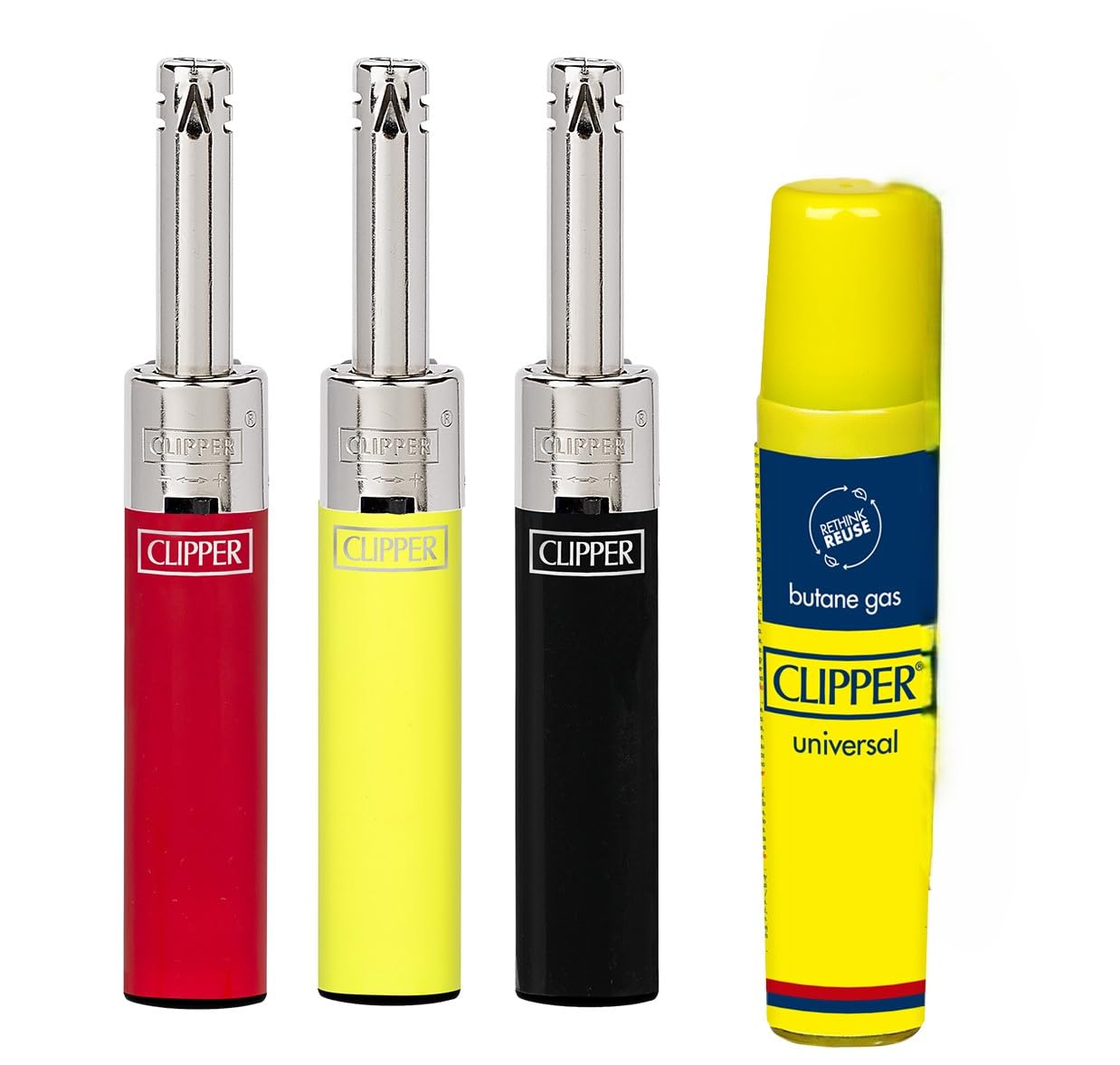 Minitube Lighter Bundle - 3 Refillable Solid Color Torch Lighters with 16ml Butane Refill Can - Portable, Eco-Friendly Adjustable Flame. Colors Will Vary
